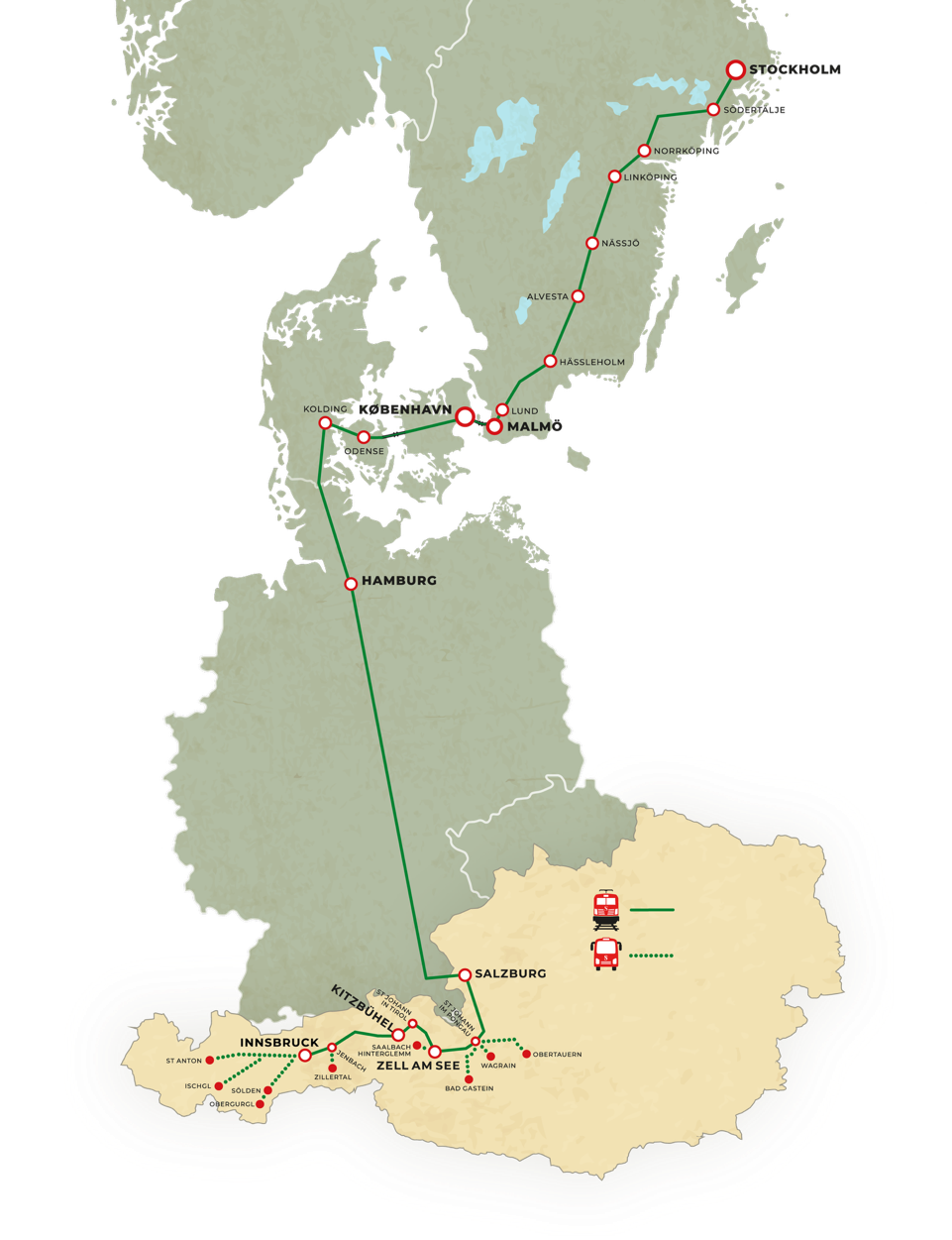 Karta &ouml;ver Sn&auml;llt&aring;gets t&aring;g- och bussf&ouml;rbindelser fr&aring;n Sverige till Danmark, Tyskland och &Ouml;sterrike.